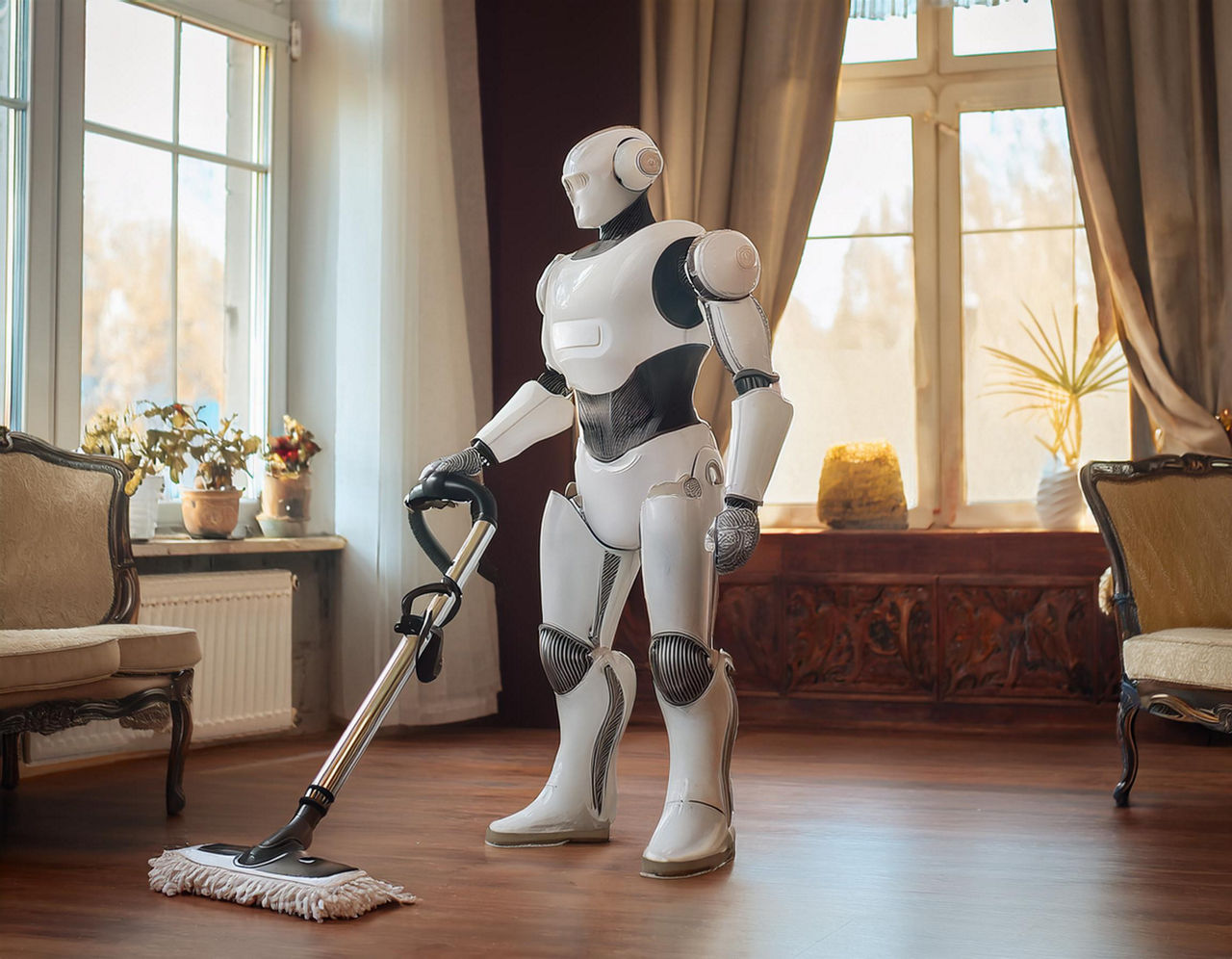 Ein humanoider Roboter reinigt ein Wohnzimmer.