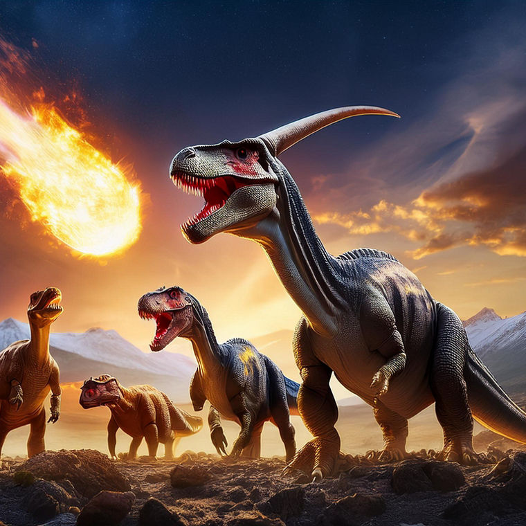 Dinosaurs stare at a burning aseroid falling from the sky.