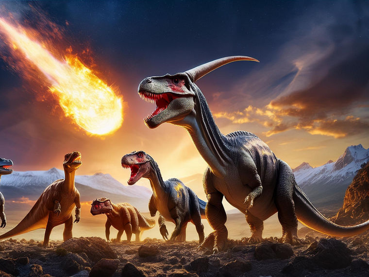 Dinosaurier starren auf einen brenneden Aseroiden, der vom Himmel stürzt.