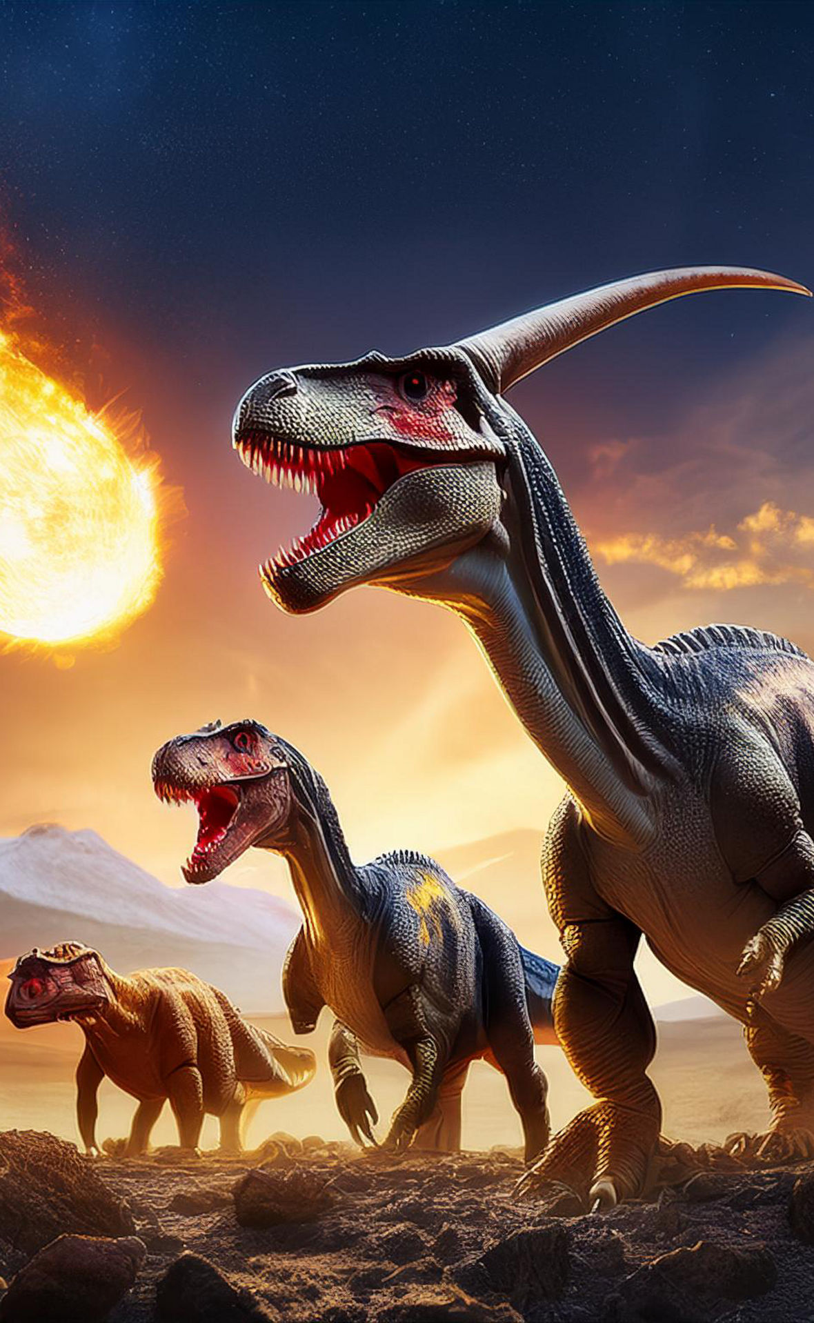 Dinosaurier starren auf einen brenneden Aseroiden, der vom Himmel stürzt.