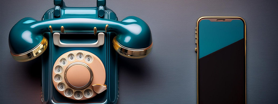 A rotary dial telephone and a smartphone next to each other.