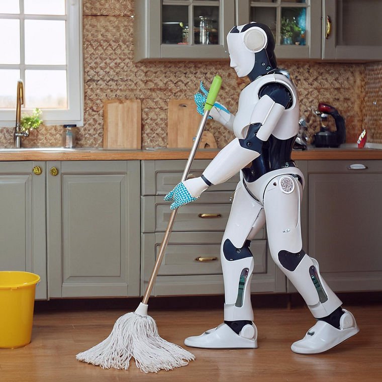 Ein humanoider Roboter wischt in einer Küche den Boden.