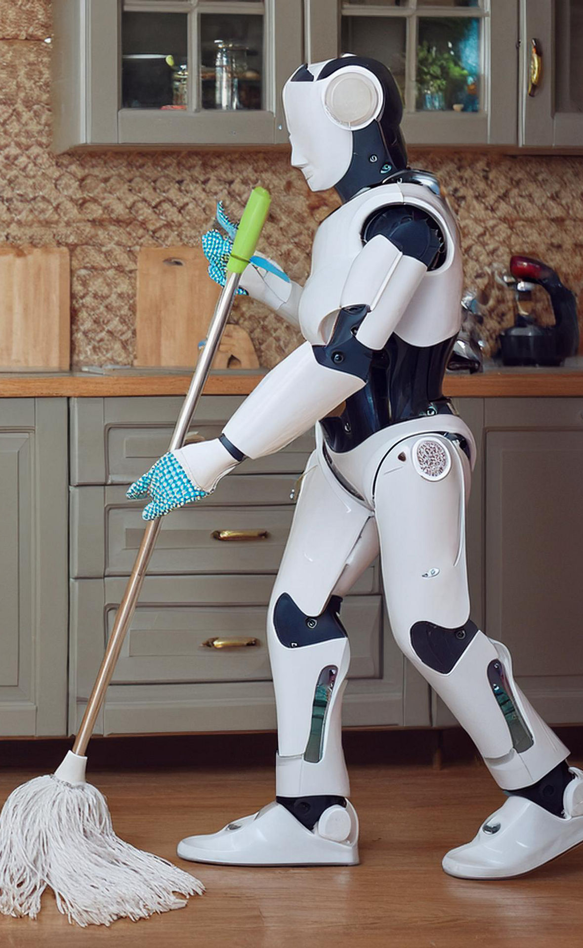 Ein humanoider Roboter wischt in einer Küche den Boden.
