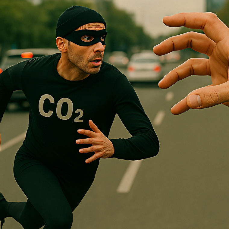 Ein Mann in einem dunklen altmodischen Trainingsanzug und einer duklen Augenbinde wie in alten Gangsterfilmen  auf der Flucht vor einer riesigen Hand. Auf dem schwarzen Trainingsanzug steht "CO2"