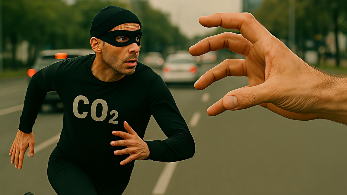 Ein Mann in einem dunklen altmodischen Trainingsanzug und einer duklen Augenbinde wie in alten Gangsterfilmen  auf der Flucht vor einer riesigen Hand. Auf dem schwarzen Trainingsanzug steht "CO2"