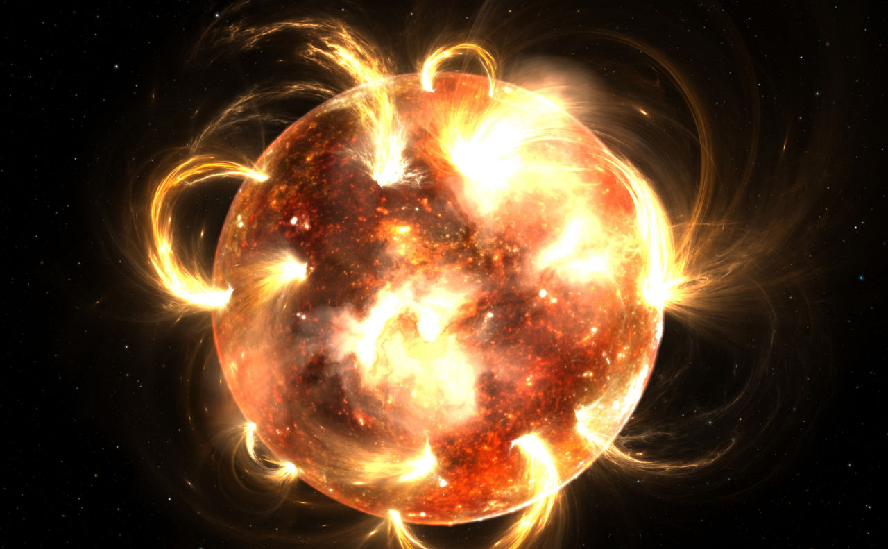 Sun with corona. Solar storm, solar flares