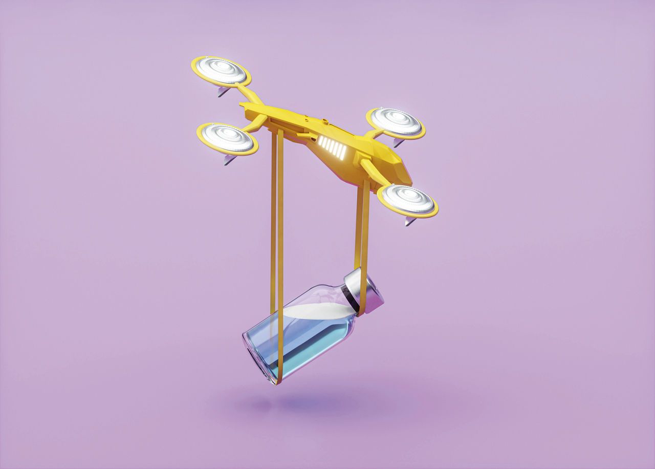 Digitally generated image of a yellow drone delivering a bottle of COVID-19 vaccine against a purple background.