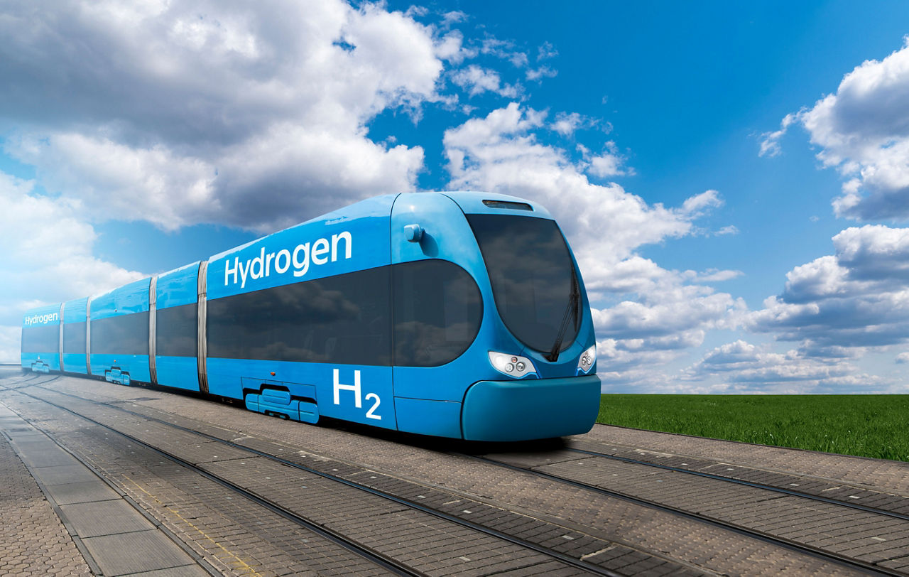 Ein KI-generiertes Bild einer Straßenbahn mit Wasserstoffantrieb.