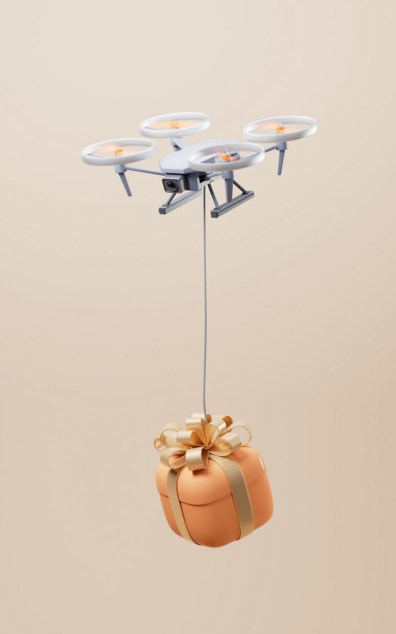 A drone carrying a gift box, 3D rendering.