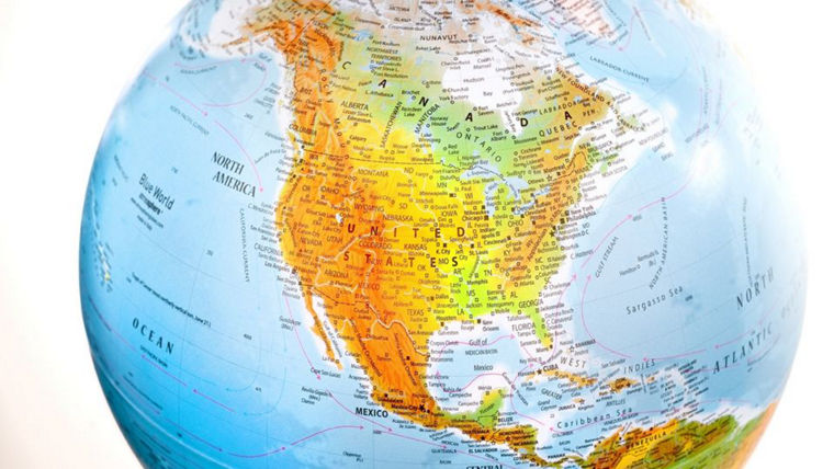 Photo of a globe with focus on the North America region