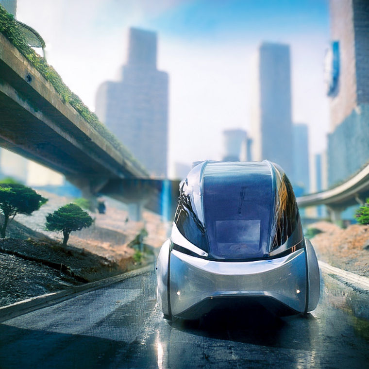 Ein futuristisches Fahrzeug fährt zwischen zwei Brücken einer Großstadt.