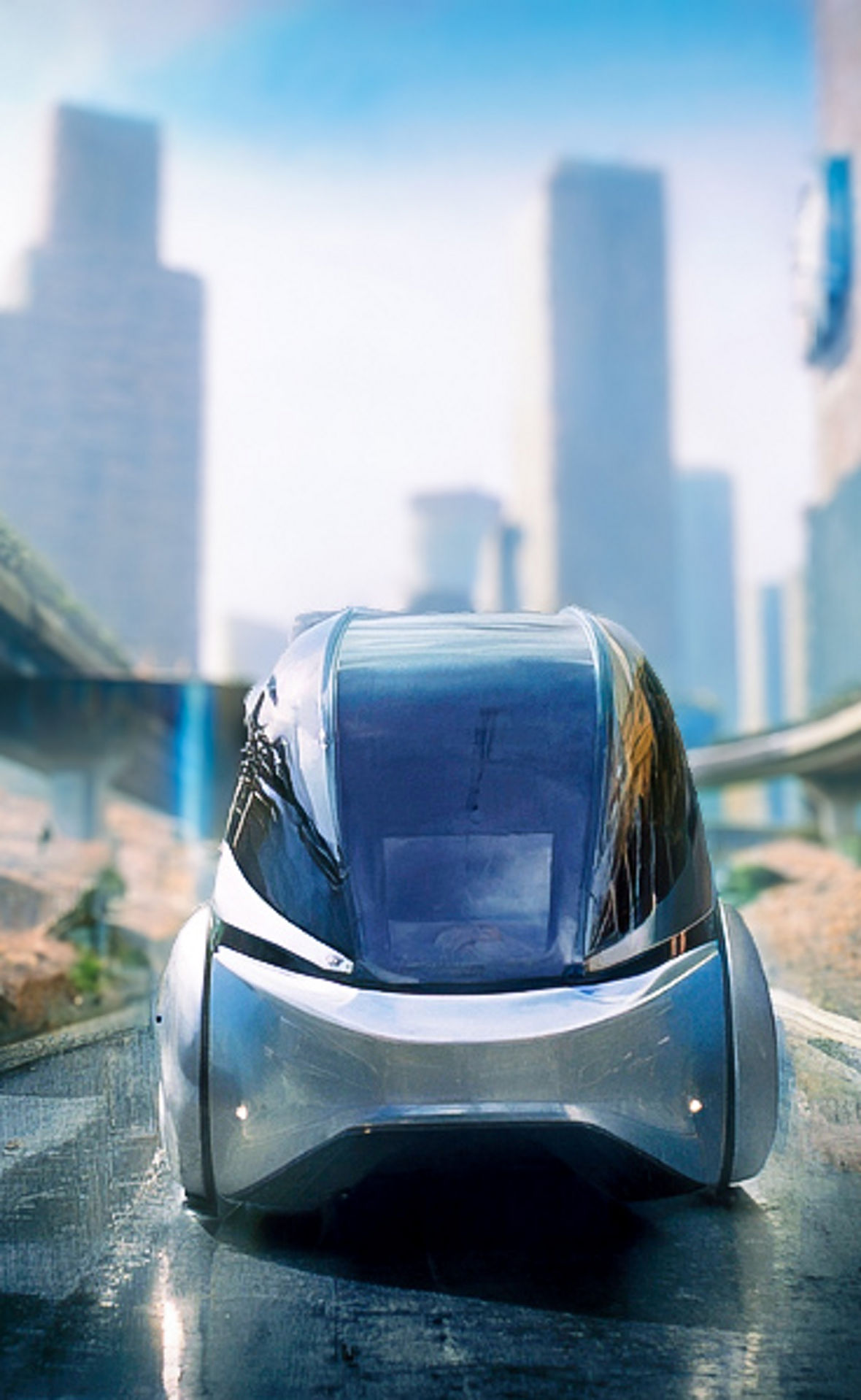 Ein futuristisches Fahrzeug fährt zwischen zwei Brücken einer Großstadt.