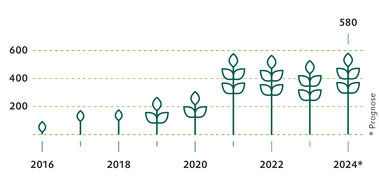 Eine Grafik zeigt den Anstieg von weniger als 100 Milliarden Dollar im jahr 2016 auf rund 580 Milliarden iom jahr 2024.