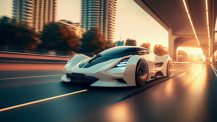 Electric sport car running on the morning road in future city Created with Generative AI technology.