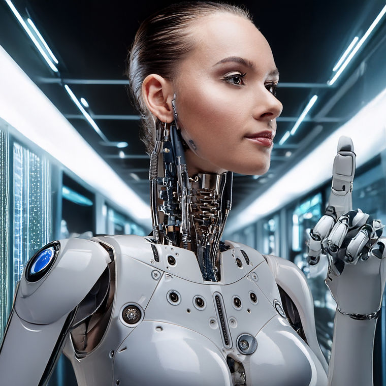 Ein humanoider Roboter, der den Kopf einer Frau hat, steht in einem langen Flur voller technischer Geräte.