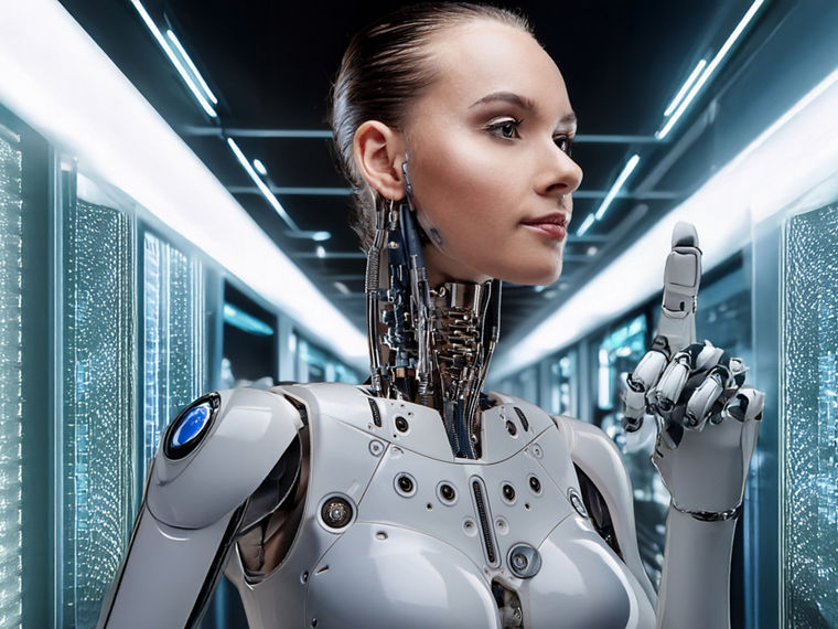 Ein humanoider Roboter, der den Kopf einer Frau hat, steht in einem langen Flur voller technischer Geräte.