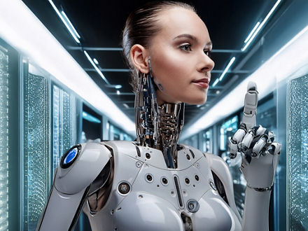 Ein humanoider Roboter, der den Kopf einer Frau hat, steht in einem langen Flur voller technischer Geräte.