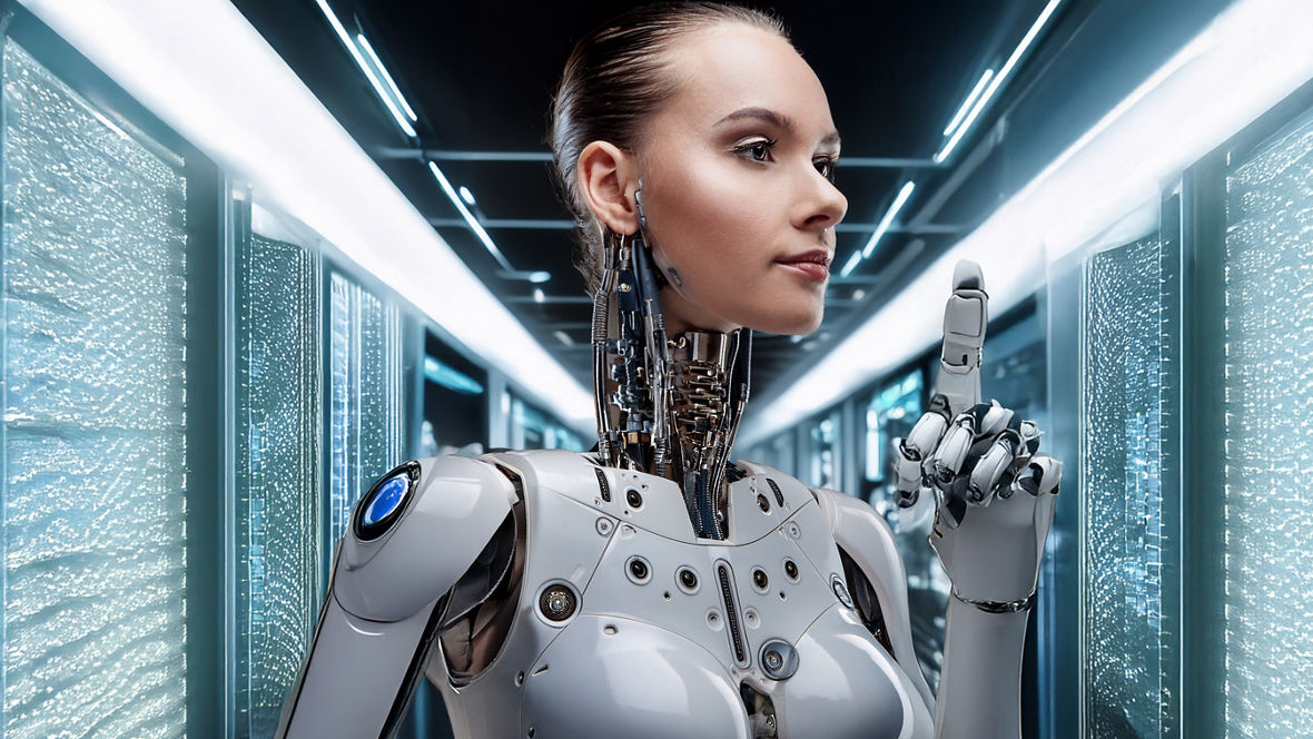 A humanoid robot with a woman's head is standing in a long hallway full of technical equipment.