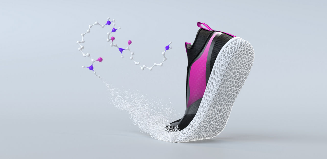 Illustration of a black and pink shoe with a porous white sole and a molecular structure emerging from it.