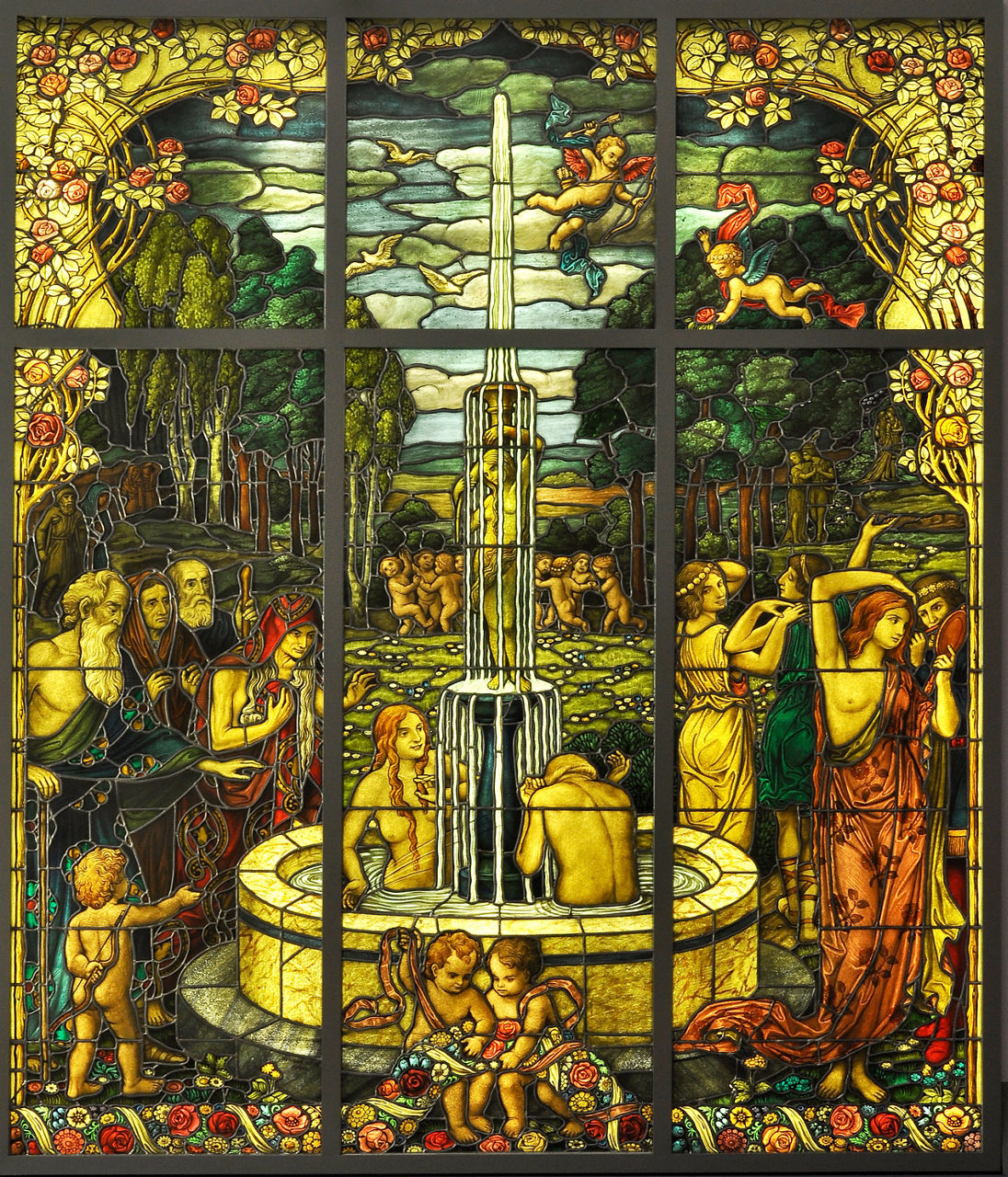A stained-glass window depicts the legendary Fountain of Youth.