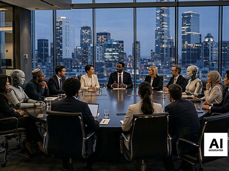 A discussion panel featuring several participants, including two humanoid robots.