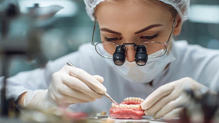 A focused professional, wearing glasses, mask, gloves and a cap, carefully working on dental prosthetics with tools