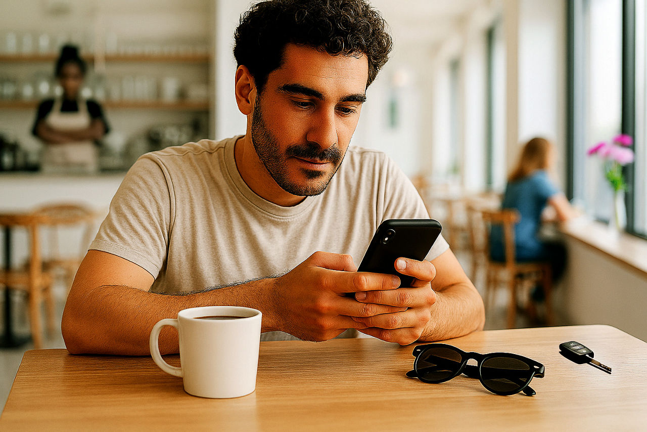 Person sitzt an einem Holztisch in einem Café und betrachtet ein Smartphone. Auf dem Tisch liegen eine weiße Kaffeetasse, schwarze Sonnenbrille und Autoschlüssel. Im Hintergrund sind weitere Gäste des Cafés zu sehen. 