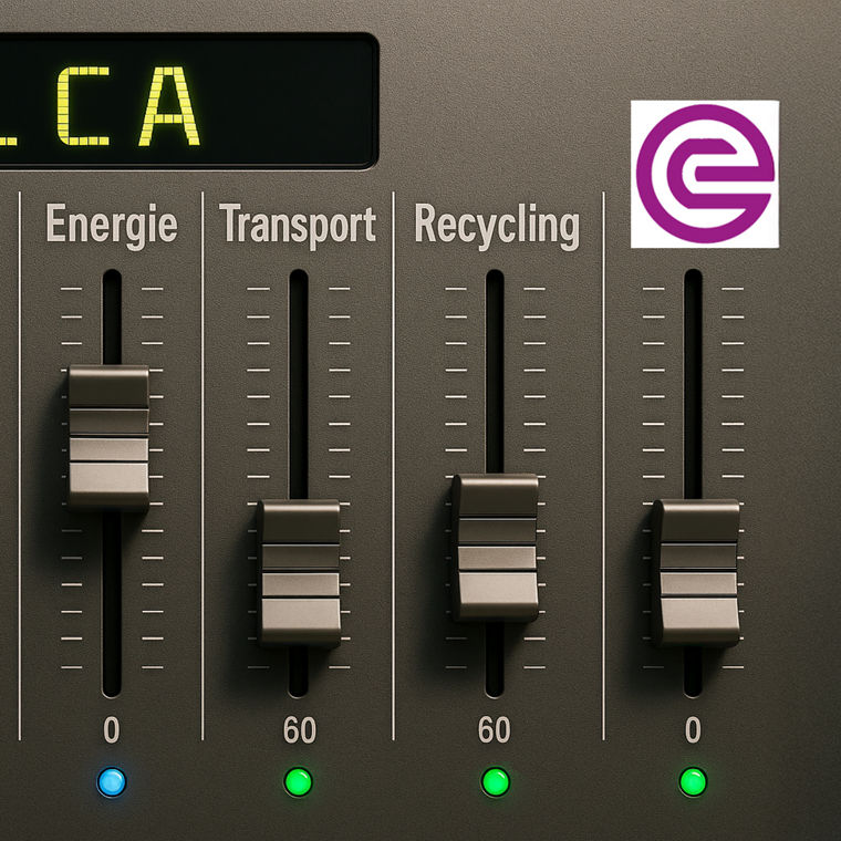 Steuerungspanel mit vertikalen Schiebereglern für CO2, Luft, Wasser, Energie, Transport und Recycling, jeweils mit einer Skala. Darüber befindet sich eine digitale Anzeige mit den Buchstaben ‚L C A‘ sowie ein Evonik-Logo