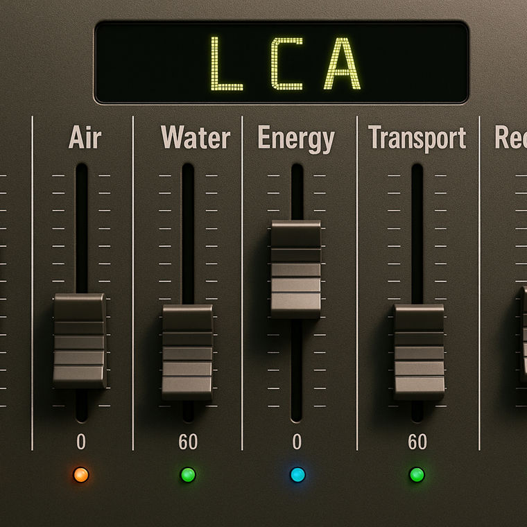 Control panel with vertical sliders for CO2, air, water, energy, transport, and recycling, each with a scale. Above it, there is a digital display showing the letters 'L C A' and an Evonik logo.