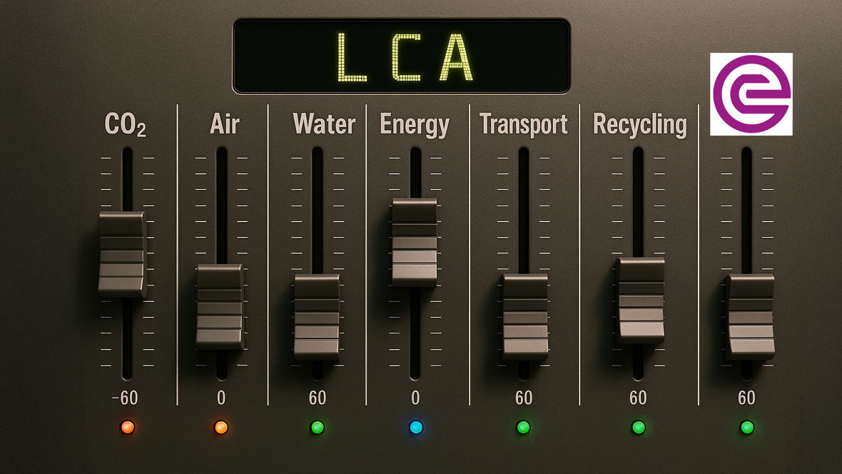 Control panel with vertical sliders for CO2, air, water, energy, transport, and recycling, each with a scale. Above it, there is a digital display showing the letters 'L C A' and an Evonik logo.