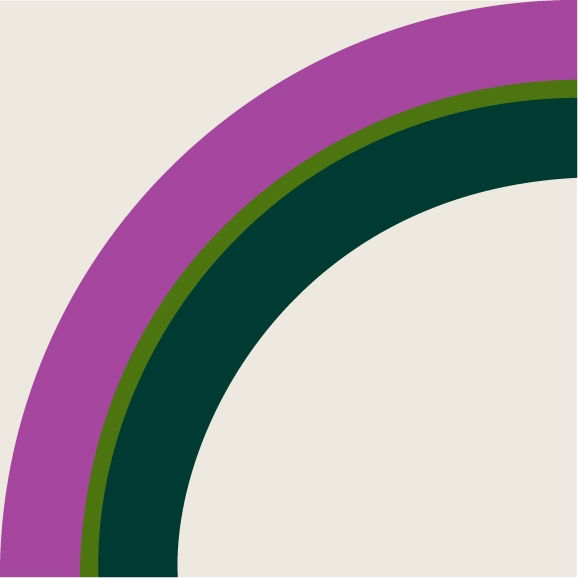 Abstract illustration featuring three curved bands in purple, olive green, and dark teal on a beige background.