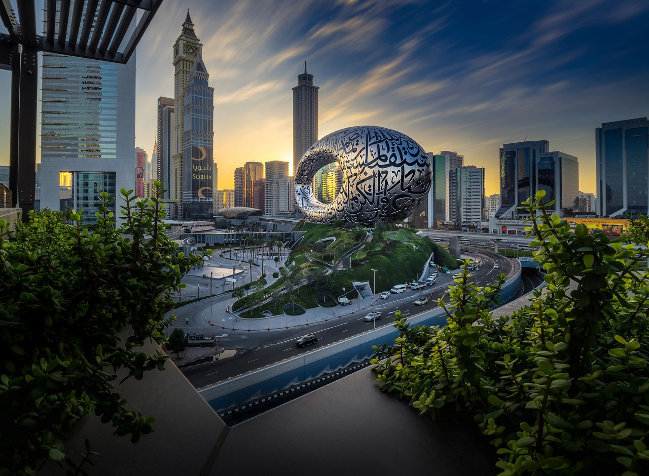Cityscape with the Museum of the Future at the center.