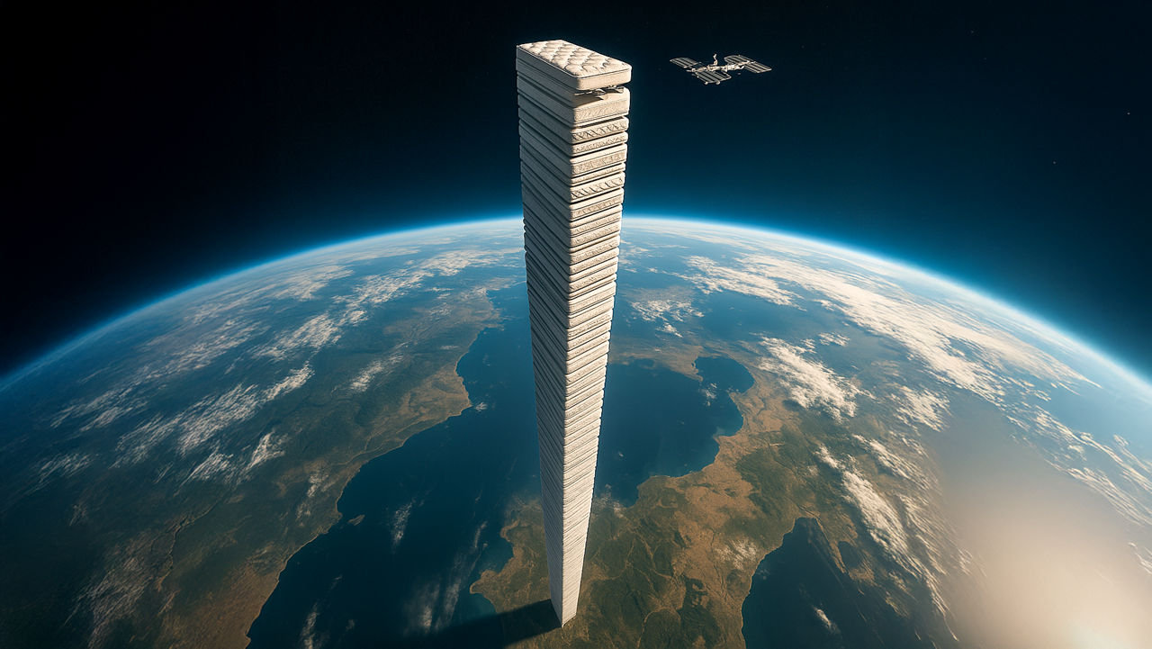 An AI-generated image showing a stack of mattresses reaching up to a satellite in space.