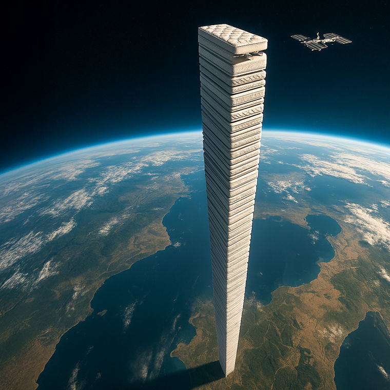 Ein KI-generiertes Bild, auf dem ein Matratzenstapel bis zu einem Sateliten im All hoch reicht.