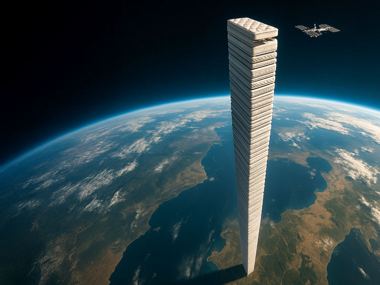 An AI-generated image showing a stack of mattresses reaching up to a satellite in space.