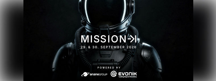 Astronaut in a dark suit with "MISSION" and event dates overlaid in white text.