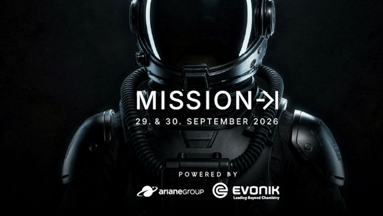 Astronaut in a dark suit with "MISSION" and event dates overlaid in white text.