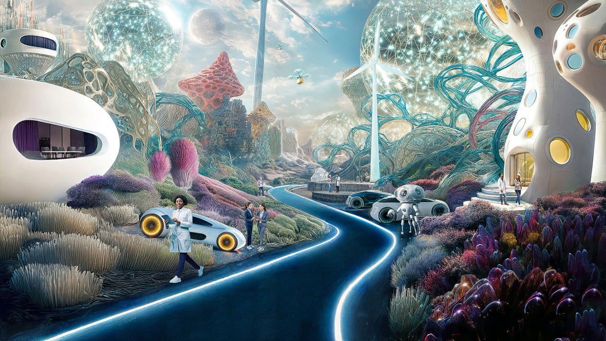 Futuristic city with organically shaped buildings, floating vehicles, wind turbines, and people in a colorful, sustainable environment.