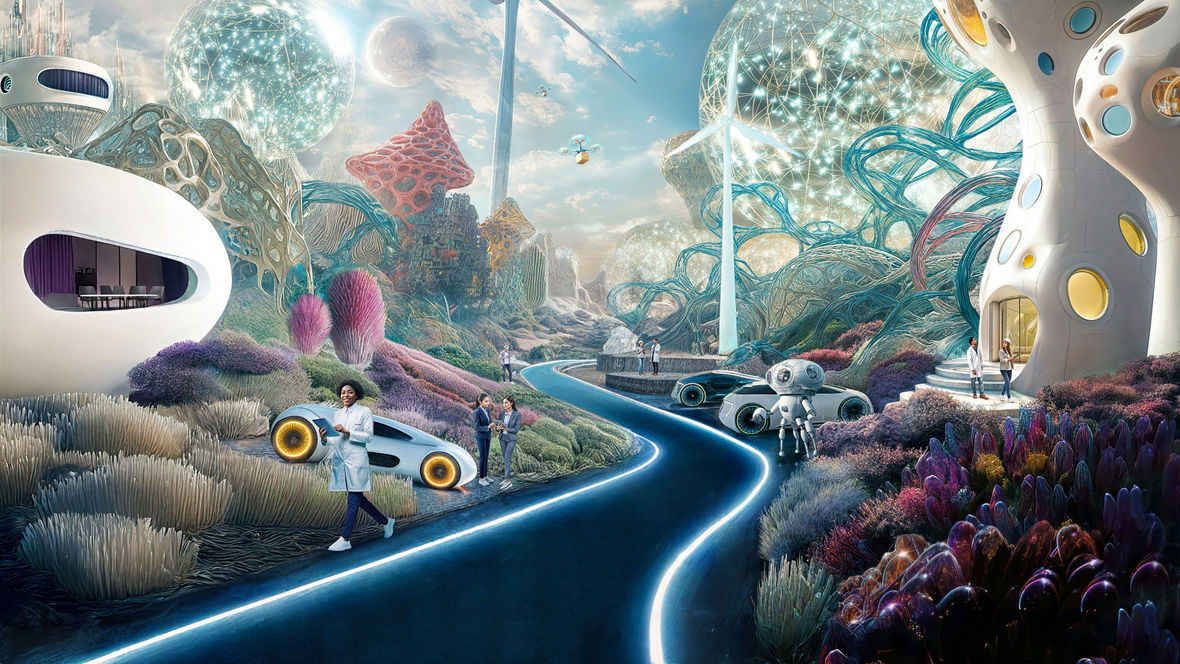 Futuristic landscape with advanced structures, electric vehicles, wind turbines, and interconnected polymer-like networks, representing innovative high-performance materials and sustainable technologies