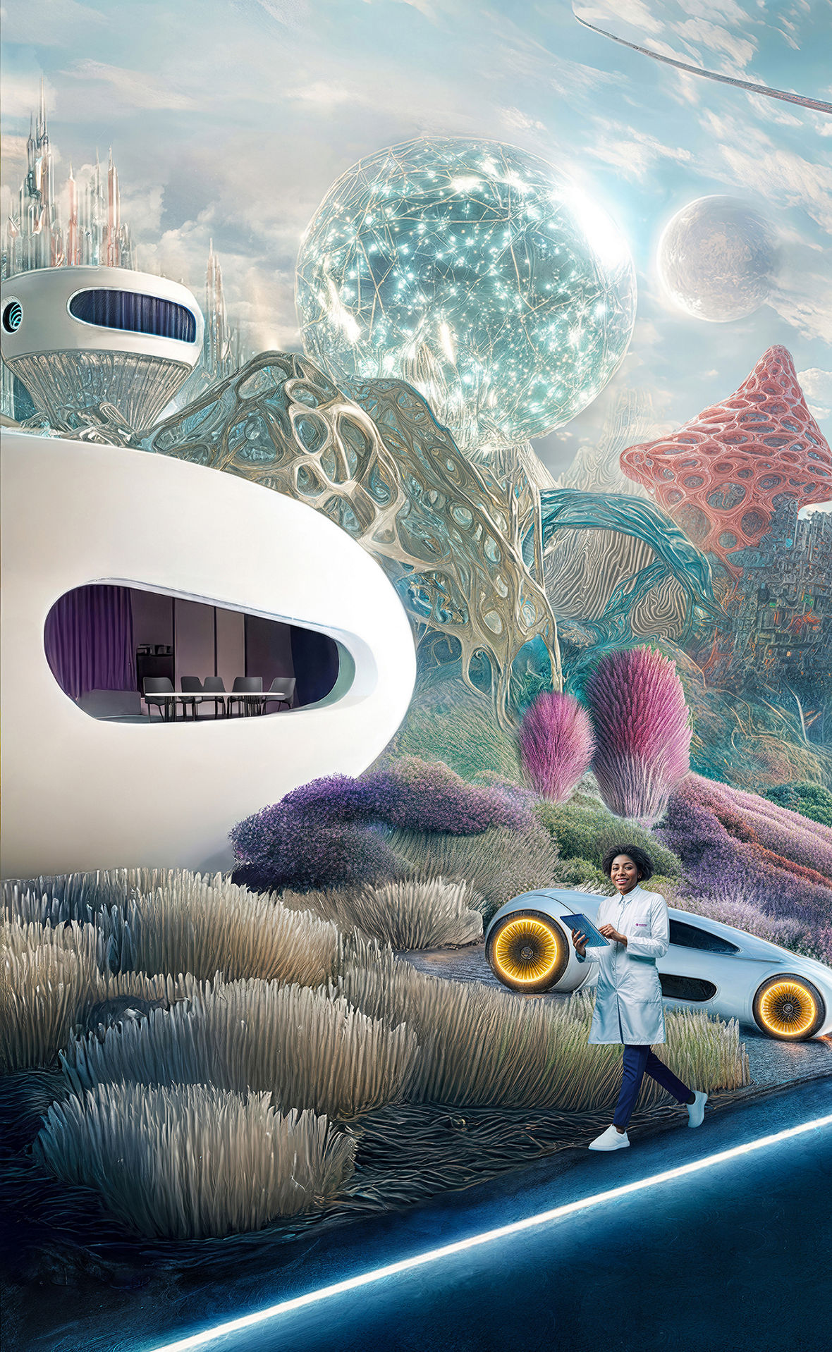 A futuristic landscape featuring organic architecture and vibrant vegetation. The scene includes a winding road illuminated by neon lights, with people interacting and futuristic vehicles present. Wind turbines and glowing spheres are visible in the background, creating a surreal and imaginative environment.