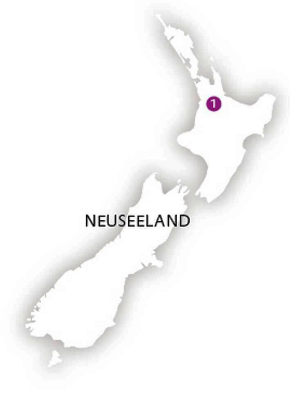 Eine karte von Neuseeland mit einer Markierung im Norden für den Evonik Standort  Morrinsville.