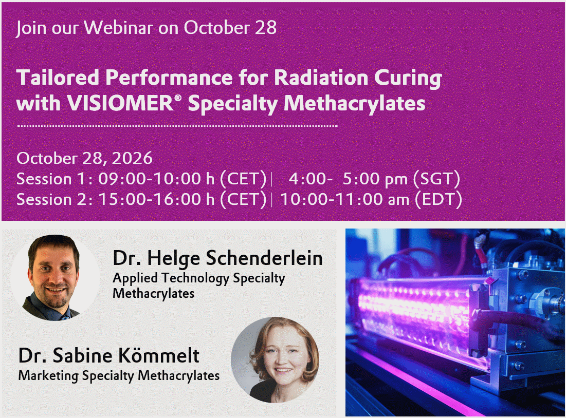 Webinar announcement with speaker photos and a glowing purple UV curing machine.