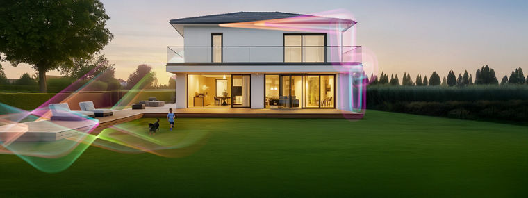 Modern two-story house with large windows illuminated at dusk and a child playing outside.