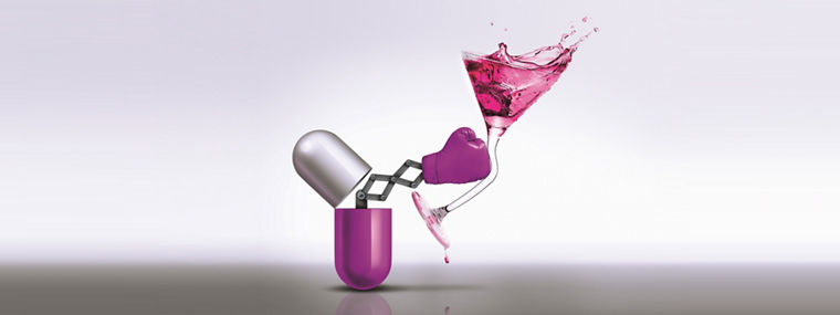 Medicine power medical concept as an open prescription capsule pill or vitamin with a boxing glove emerging out as a metaphor for human defense and preventive drug treatment fighting against disease.; Shutterstock ID 205423492; PO: 10652; Job: Alcohol induced dose dumping; Client: Evonik Industries AG; Other: cs