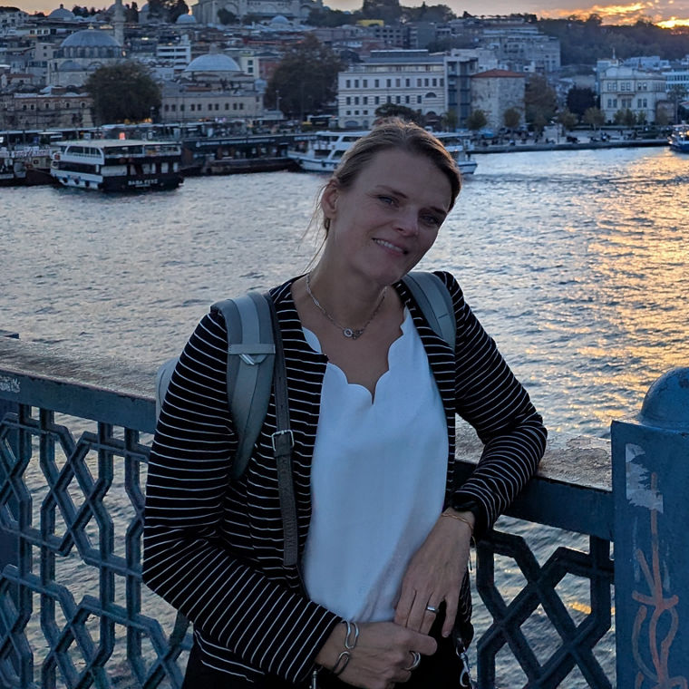 A person stands on a bridge overlooking the water at sunset, with boats and a city skyline in the background.