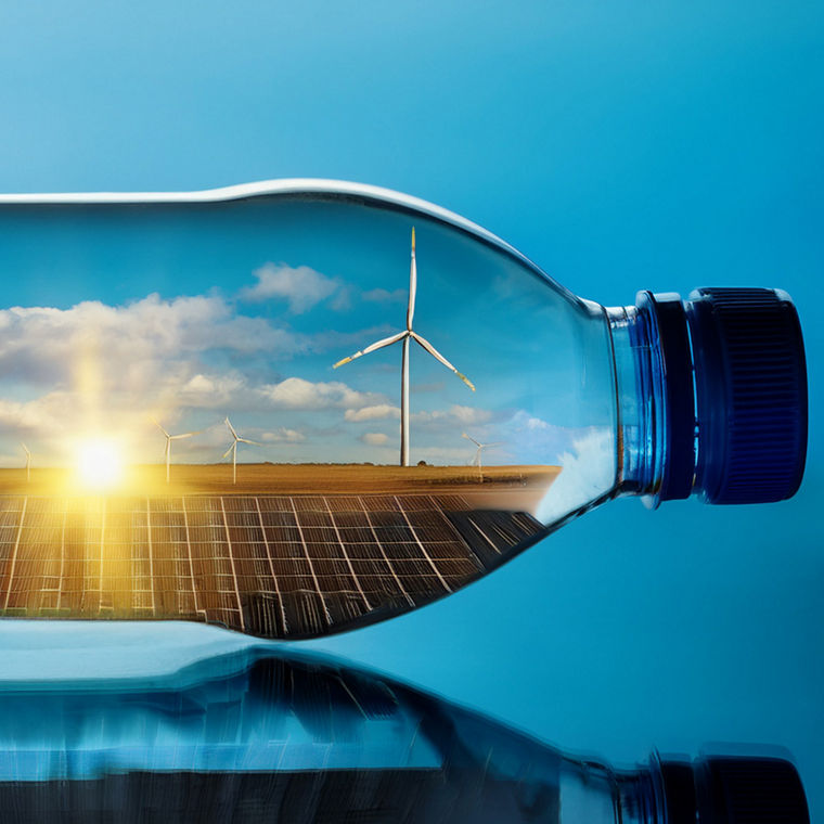 Ein KI-generiertes Bild zeigt eine PET-Flasche, in deren Innerem eine PV-Anlage und Windräder sind .