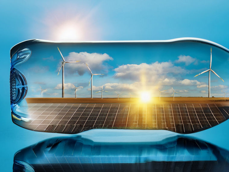 Ein KI-generiertes Bild zeigt eine PET-Flasche, in deren Innerem eine PV-Anlage und Windräder sind .