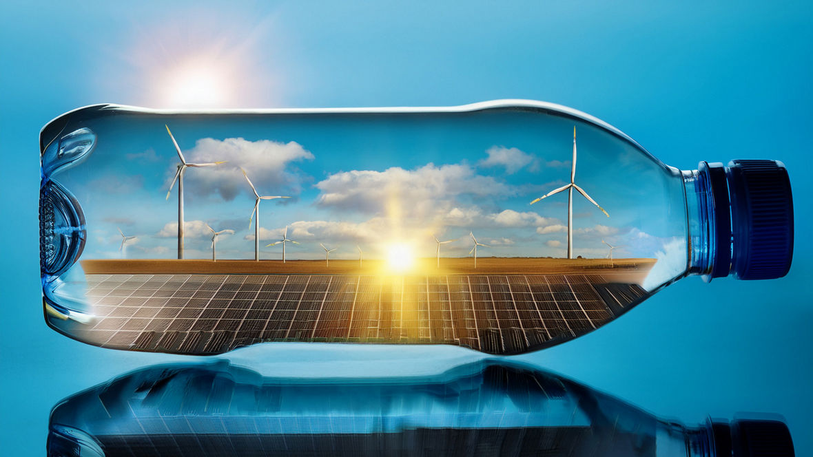 An AI-generated image shows a PET bottle with a photovoltaic system and wind turbines inside.