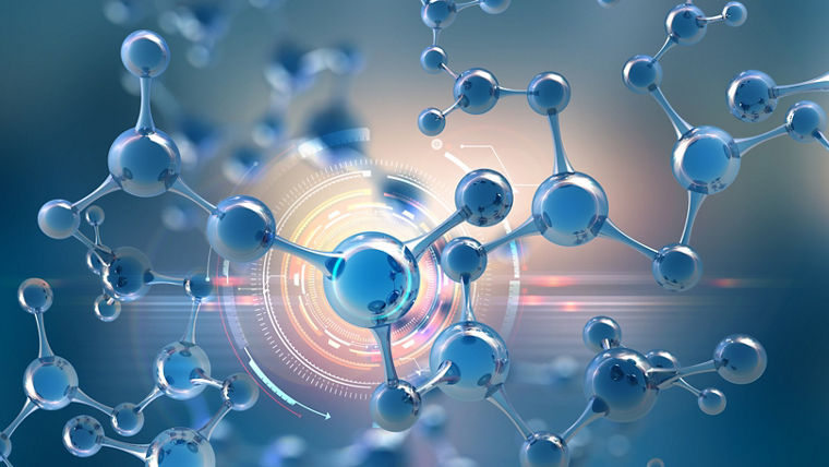 Abstract molecule model. Digital technology in genetic engineering. Artificial Intelligence in molecular synthesis. 3D illustration on a futuristic background