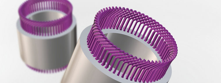 3D rendering of VESTAKEEP® PEEK insulation components for EV motors, showing purple slot liner structures mounted on metallic cylindrical parts.